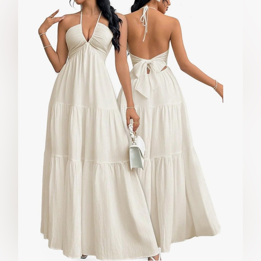 Elegant Backless Halter Maxi Dress - Cream